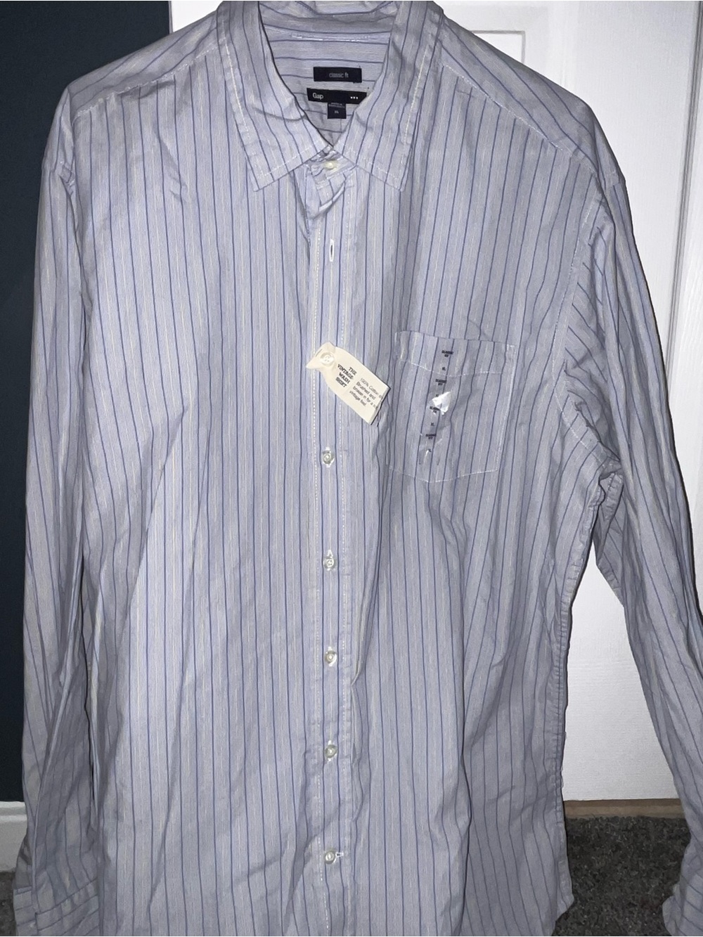 GAP Men's Light Blue and Navy Pinstripe Dress Shirt